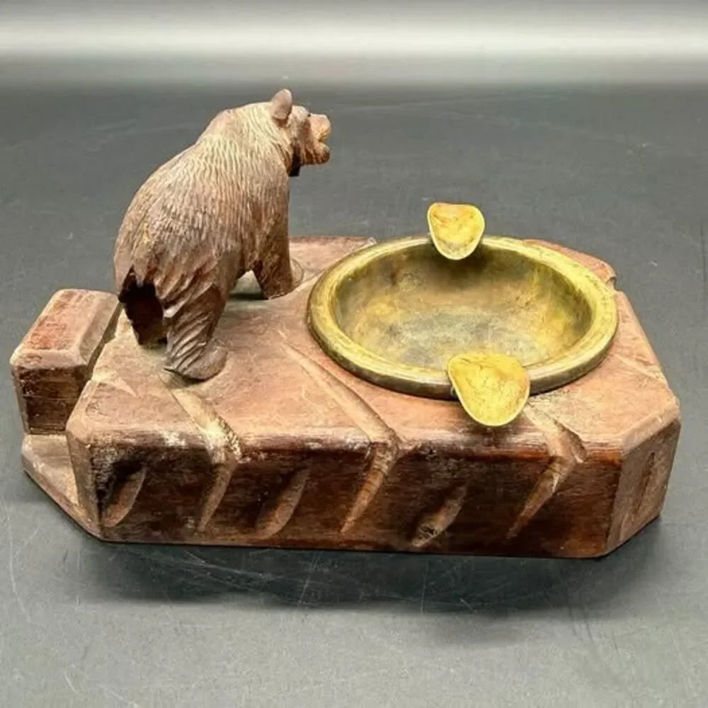 Antique 1920’s Hand-Carved Swiss Black Forest Bear Ashtray - Interlaken